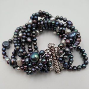 7 Strand Multi Size & Shape Freshwater Pearl Shades of Gray Bracelet 925 Clasp